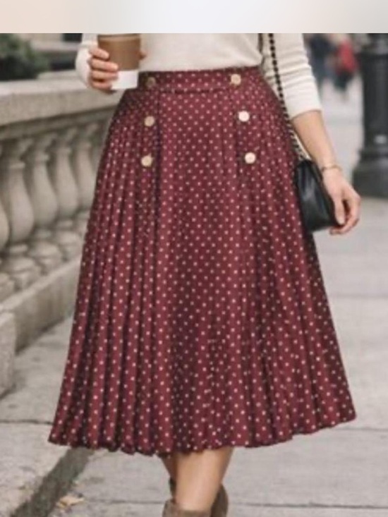 Zara Dresses & Skirts - Zara Burgundy Polka Dot Midi Skirt with Gold Buttons